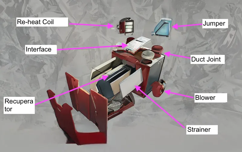 Annotated diagram of a heat recovery ventilator showing its core components and parts